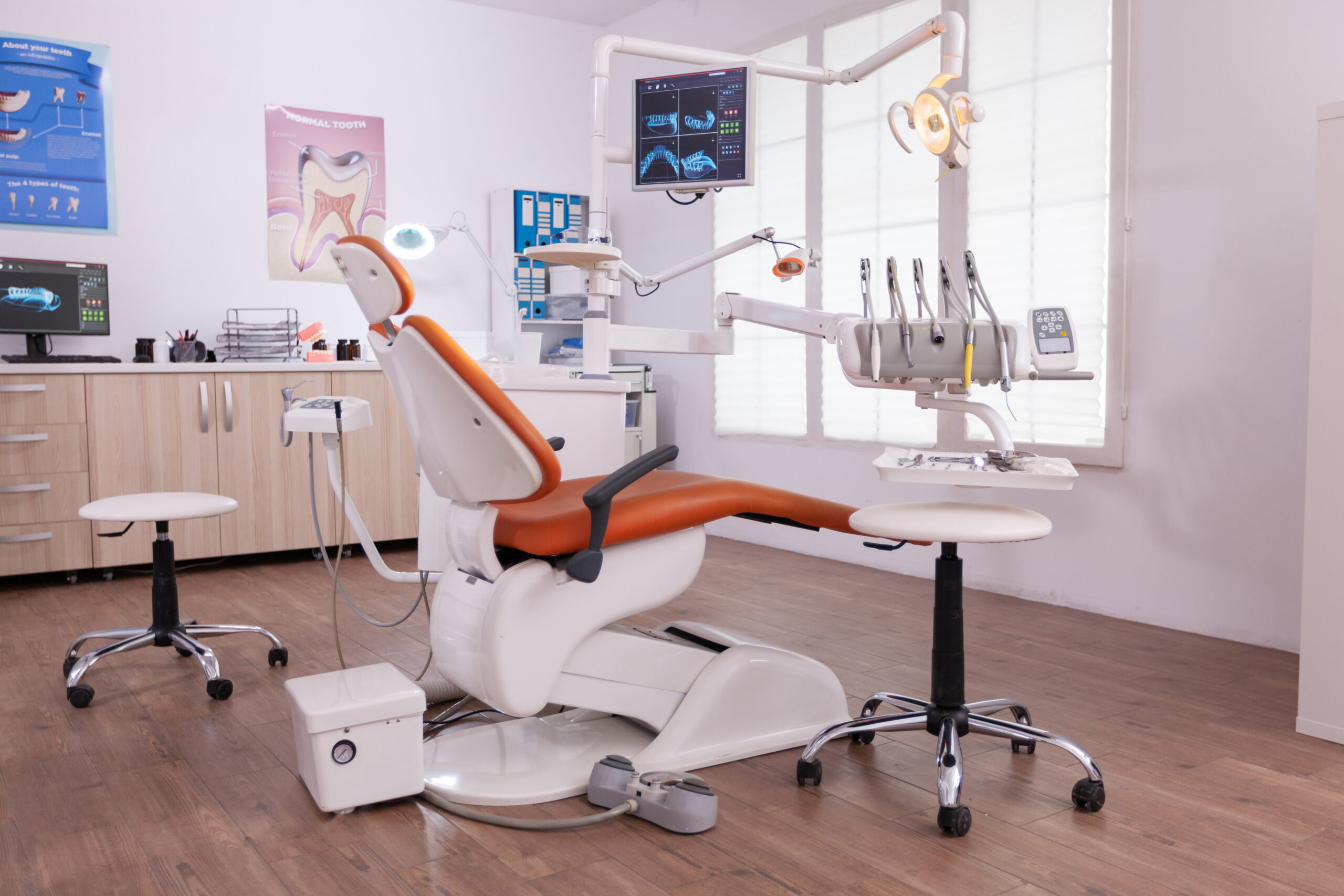 Empty modern teethcare stomatology hospital office with nobody in it dental vacuum pump