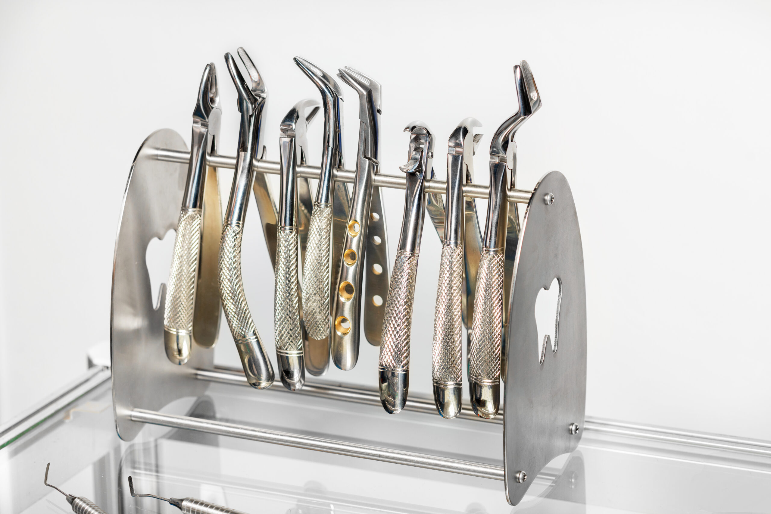 Dental instruments, a set of various forceps for removing teeth. Dental Equipments